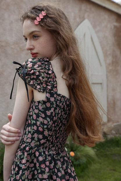 Classical Rose Puff Sleeve Black Dress