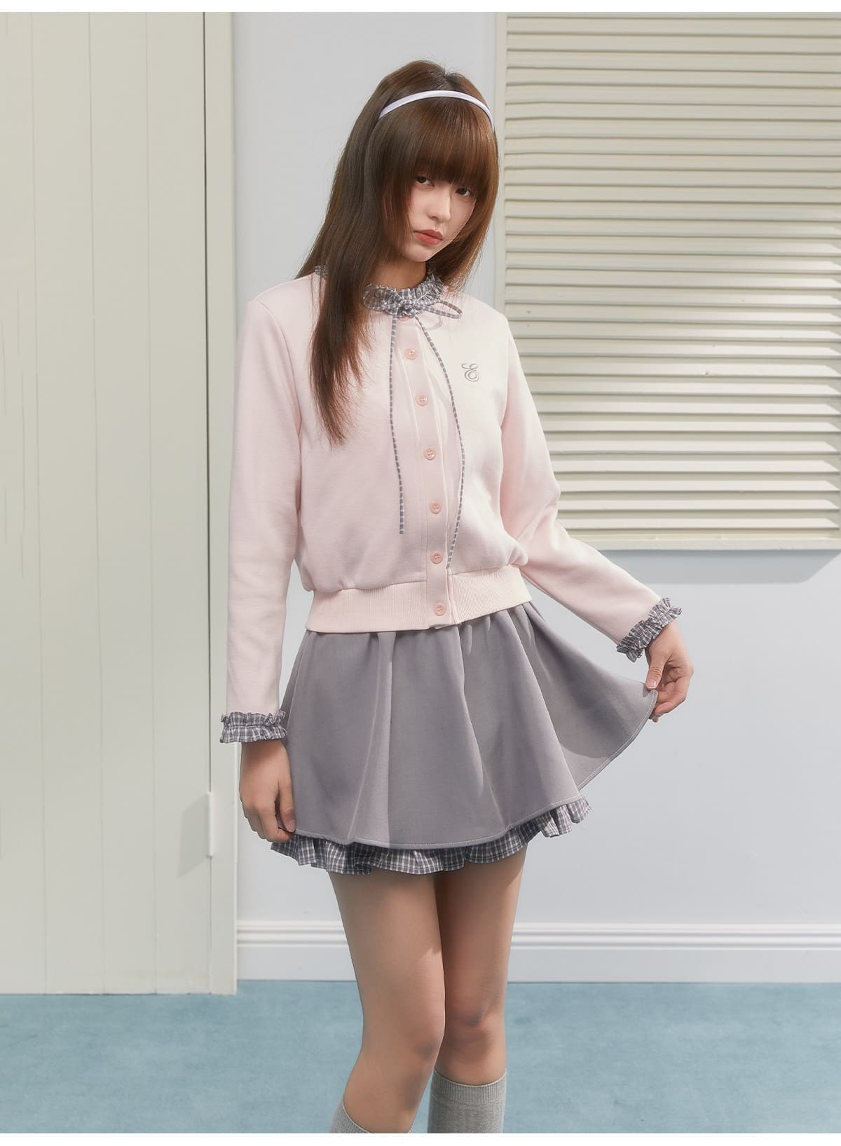 Gingham Ribbon Collar Knit Cardigan（全2色）