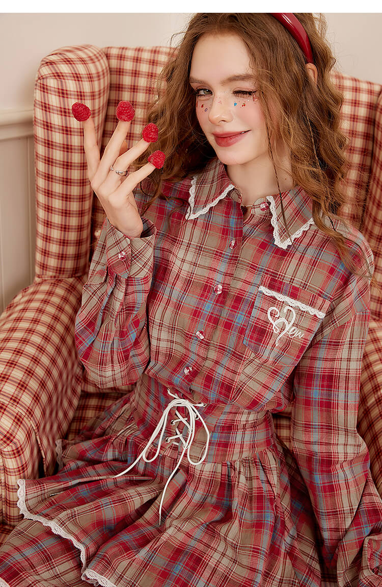 Lace-Up Plaid Tiered Dress