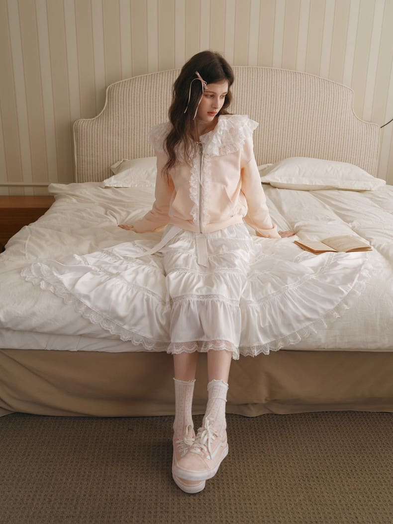 Elegant Lace Flare Satin Skirt