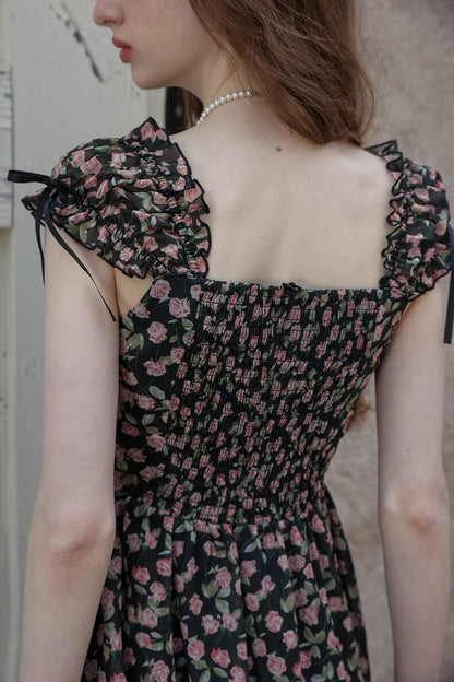 Classical Rose Puff Sleeve Black Dress