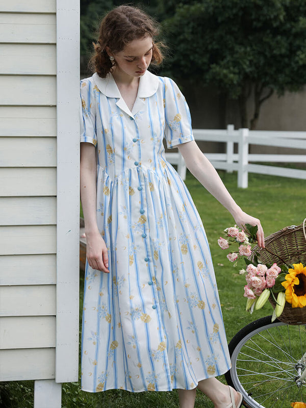 Floral Collar Blue Stripe Dress