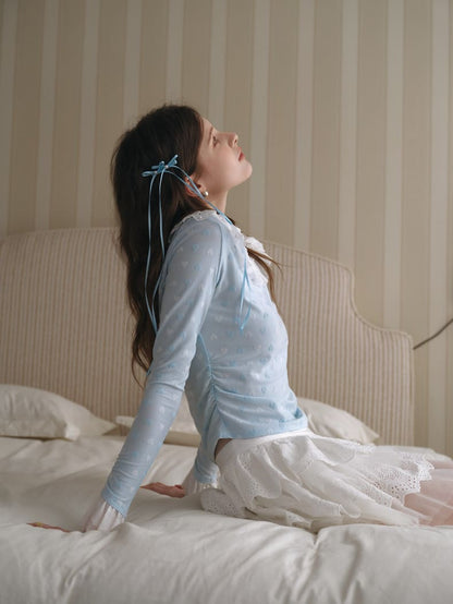 Powder Blue Heart Jacquard Frill Top