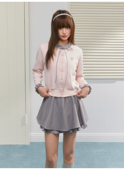 Gingham Ribbon Collar Knit Cardigan（全2色）