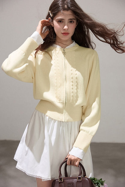 Refined Lace-Line Zip Knit Cardigan