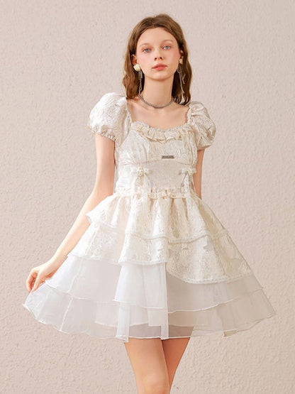 Silver Plate & Back Ribbon Tiered Dress（全2色）
