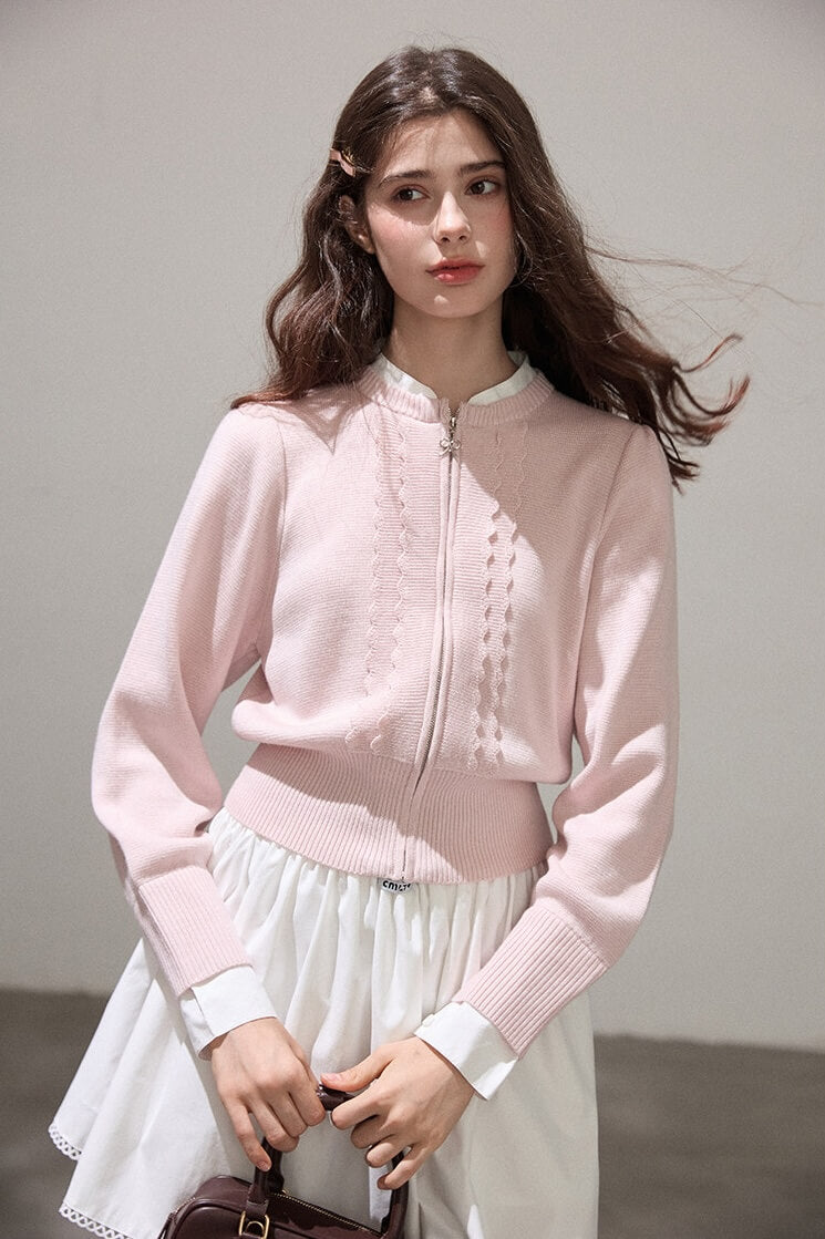 Refined Lace-Line Zip Knit Cardigan