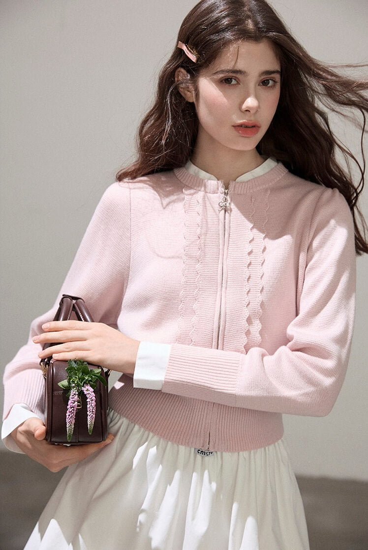 Refined Lace-Line Zip Knit Cardigan