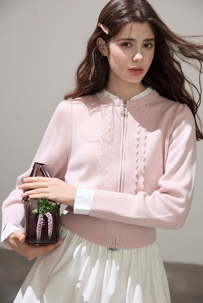 Refined Lace-Line Zip Knit Cardigan