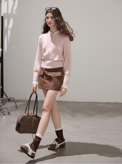 Refined Lace-Line Zip Knit Cardigan