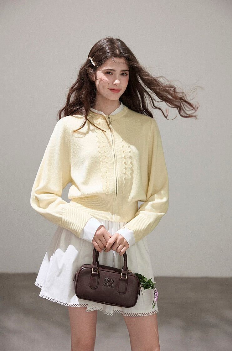Refined Lace-Line Zip Knit Cardigan