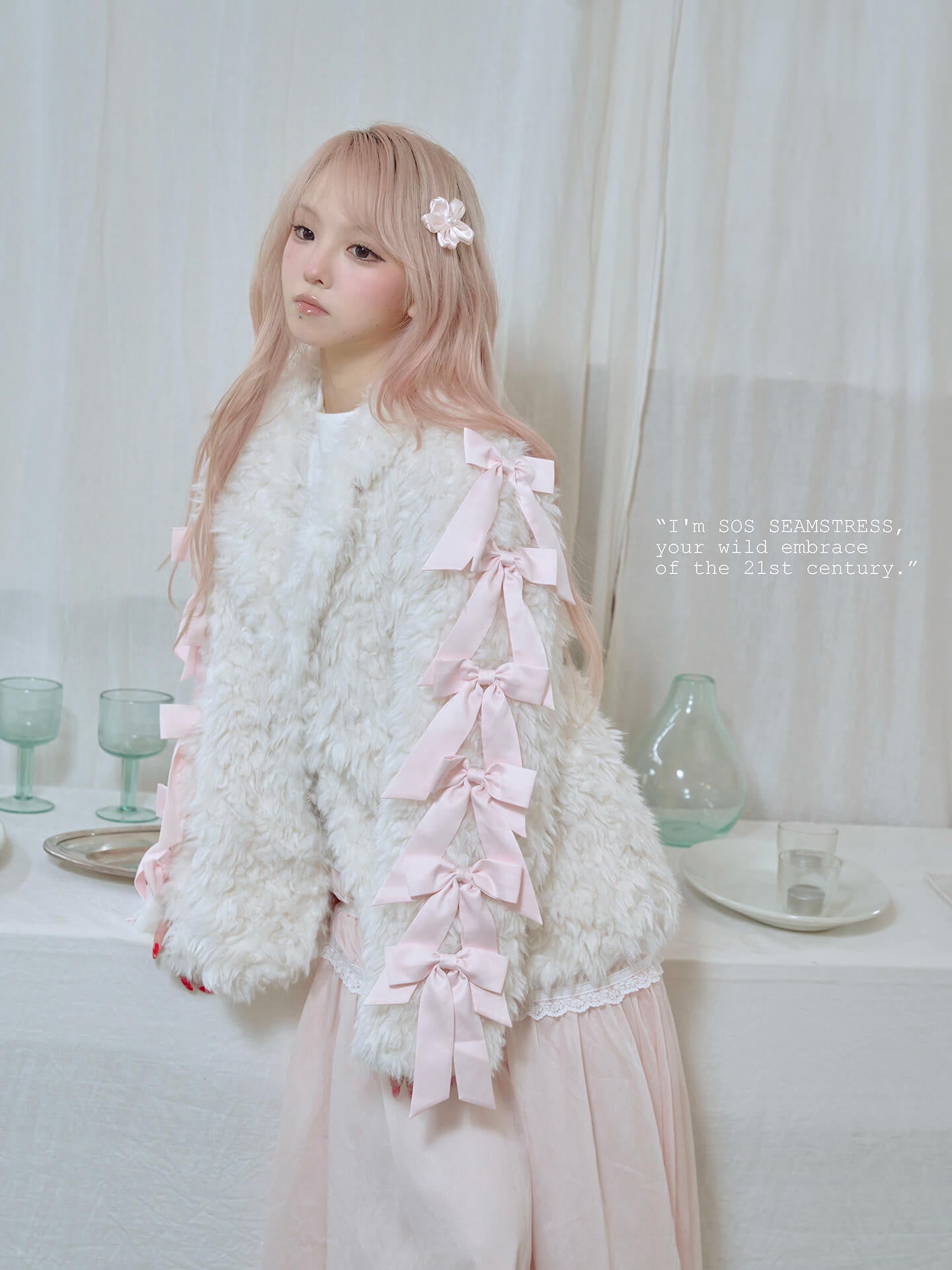 Romantic Ribbon Snowy Fur Coat