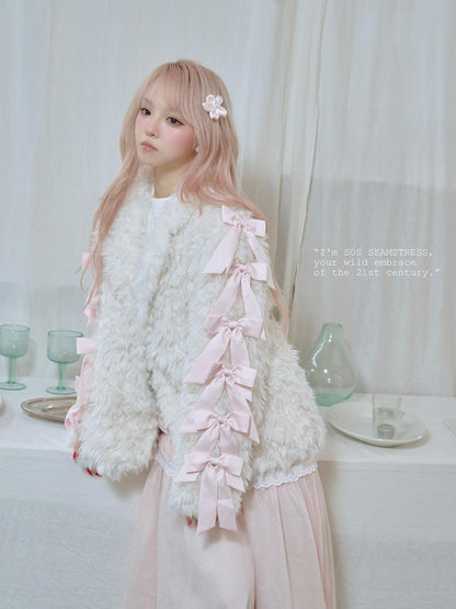 Romantic Ribbon Snowy Fur Coat