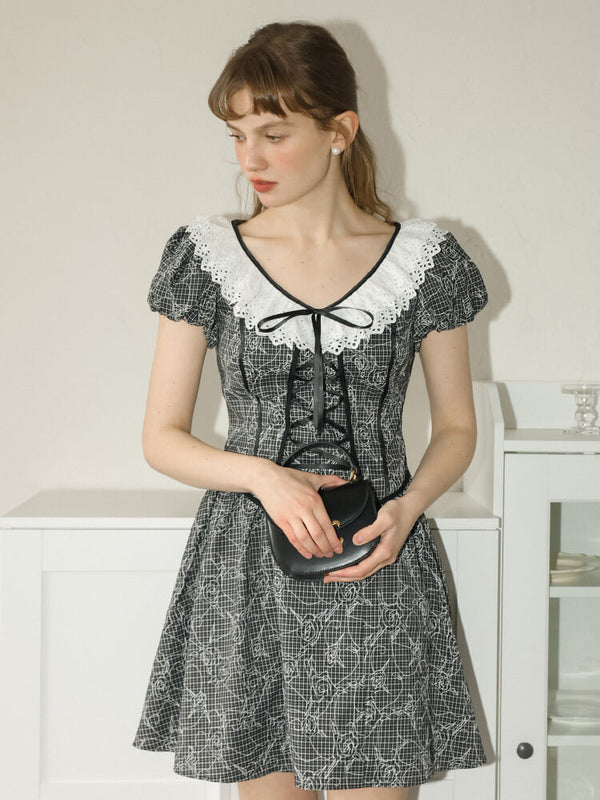 Vintage Checked Rose Black Dress
