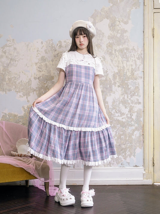 Creamy Checked Double Frill Dress