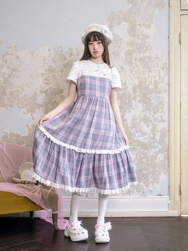 Creamy Checked Double Frill Dress