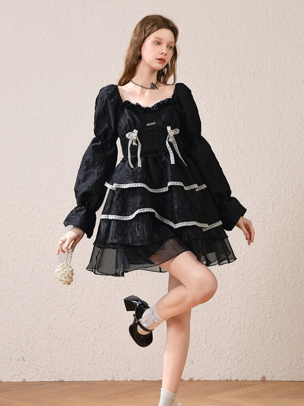 Elegant Black Lace Frill Dress