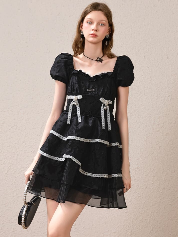 Silver Plate & Back Ribbon Tiered Dress（全2色）