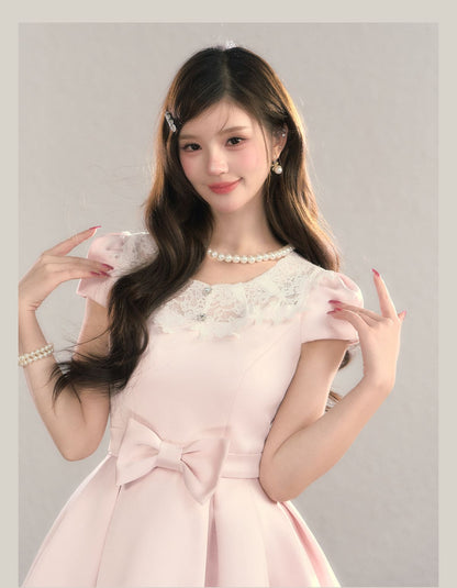 Elegant Lace Collar Ribbon Mini Dress