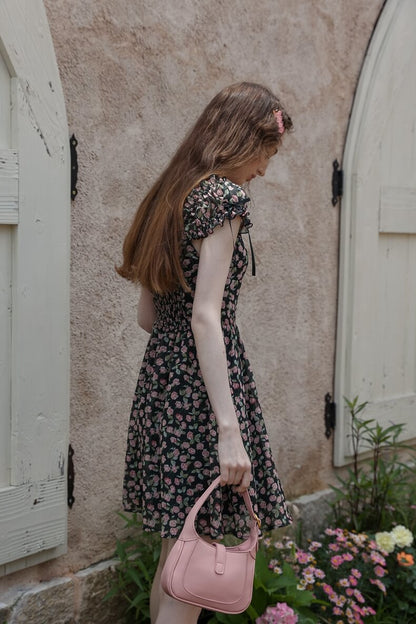 Classical Rose Puff Sleeve Black Dress