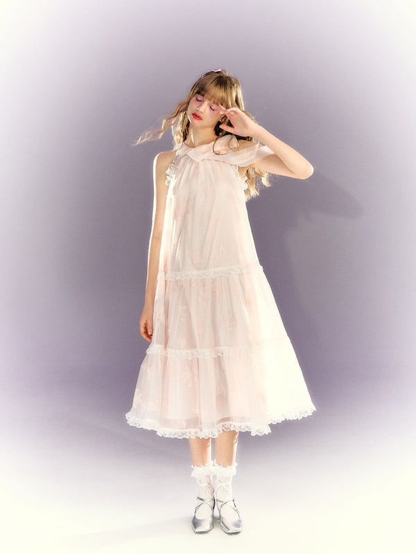 Frill lace sheer ribbon tiered dress