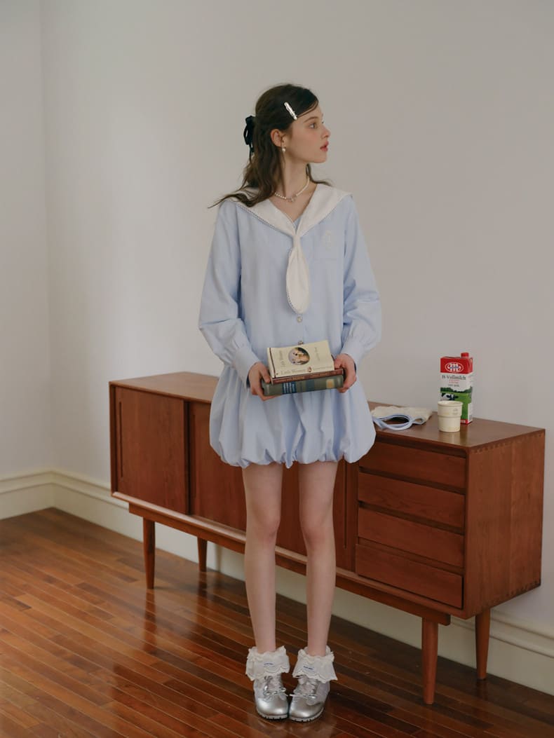 Soft Stripe Sailor Balloon Hem Dress