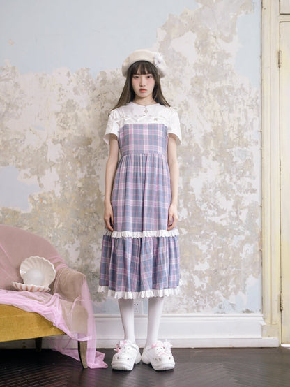 Creamy Checked Double Frill Dress