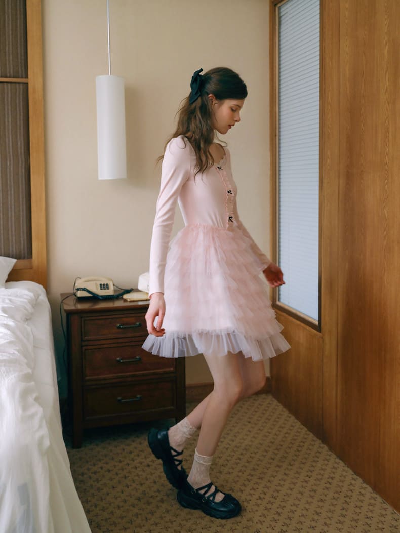 Elegant Lace Trim Ribbon Tulle Dress
