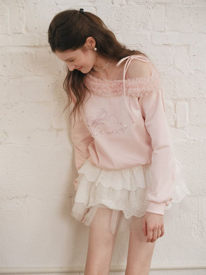 Graceful Ribbon Off-Shoulder Sweatshirt