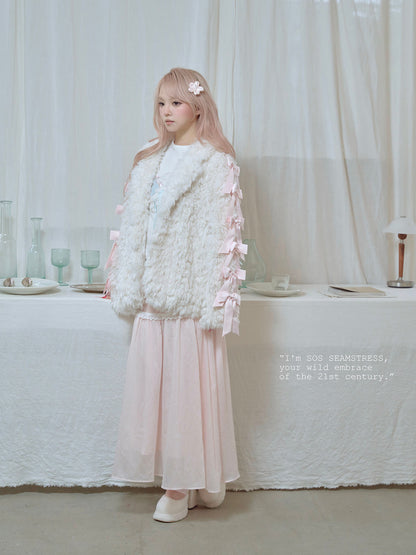 Romantic Ribbon Snowy Fur Coat