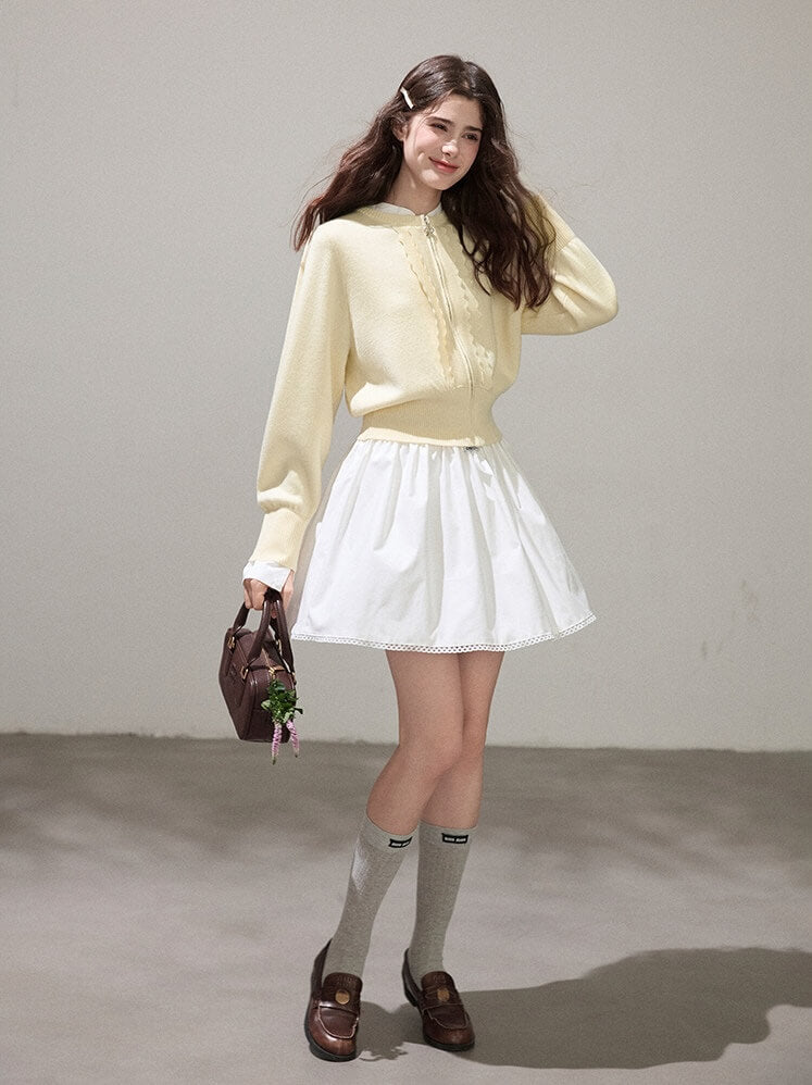 Refined Lace-Line Zip Knit Cardigan