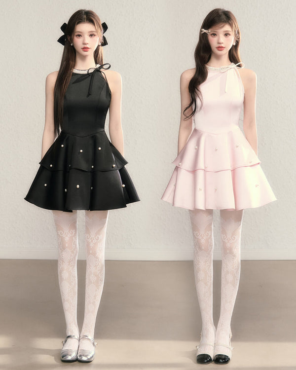 Ribbon bijou peplum dress（全2色）
