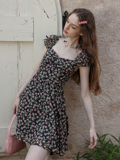 Classical Rose Puff Sleeve Black Dress