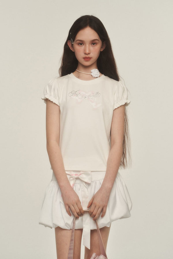 Rhinestone Logo Puff Sleeve Top
