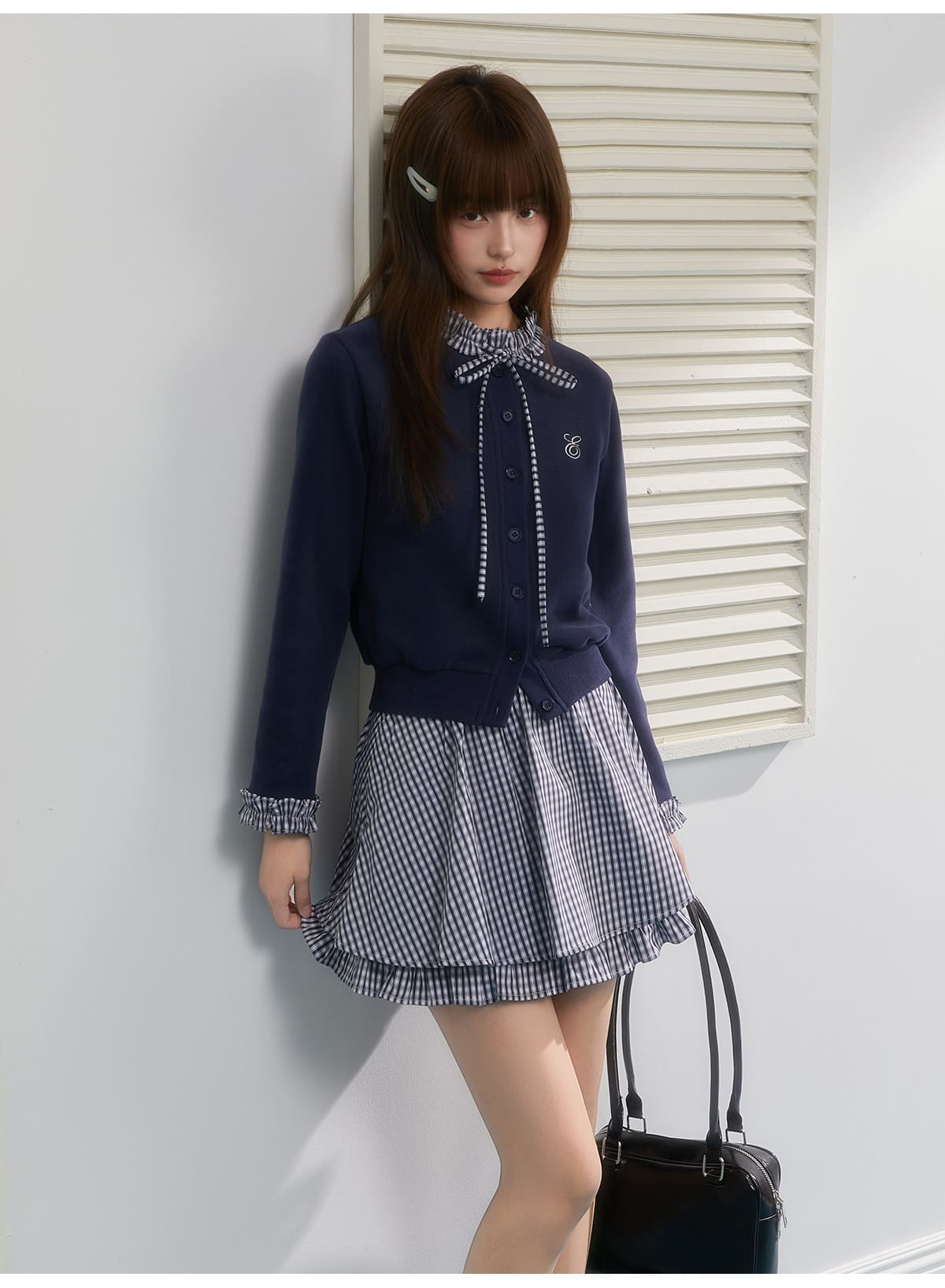 Gingham Ribbon Collar Knit Cardigan（全2色）
