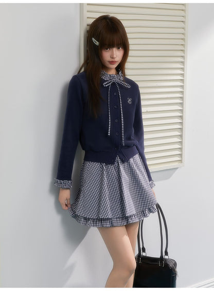 Gingham Ribbon Collar Knit Cardigan（全2色）