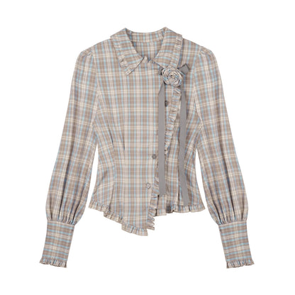 Elegant Plaid Frill Tailored Blouse