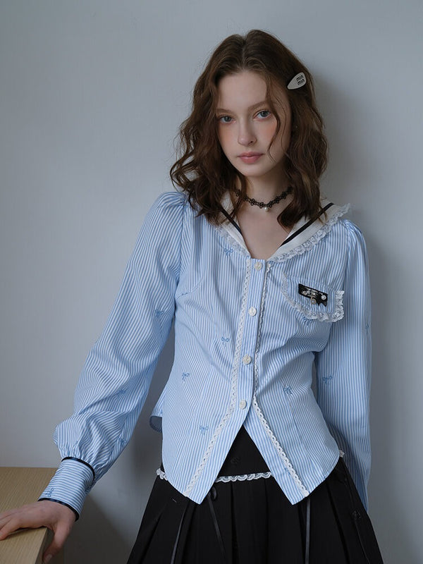 Lace Ribbon Sailor Stripe Blouse