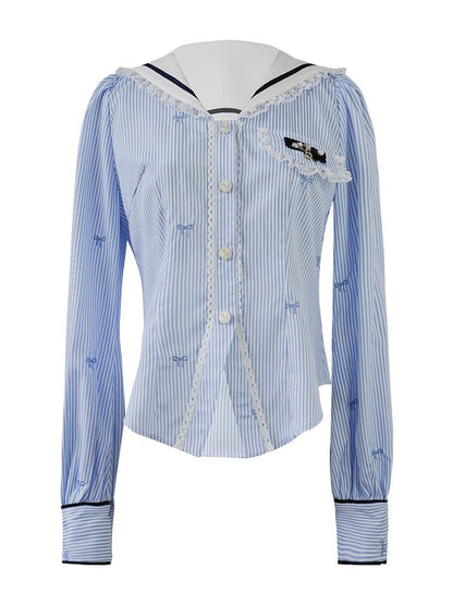 Lace Ribbon Sailor Stripe Blouse