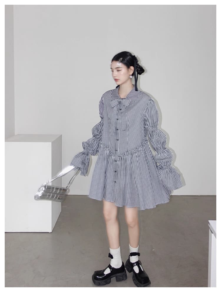 Ribbon Puff Gingham Dress