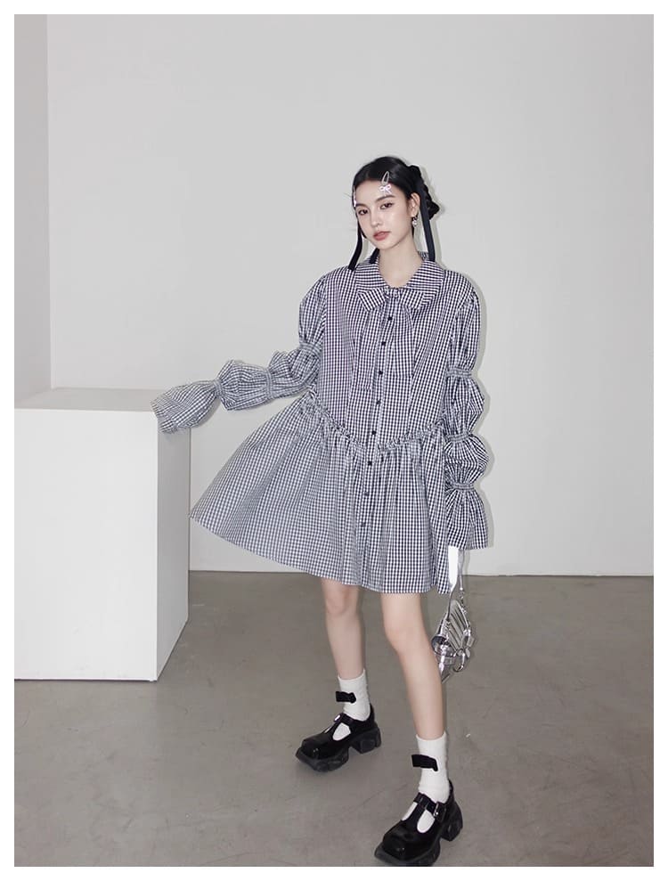 Ribbon Puff Gingham Dress