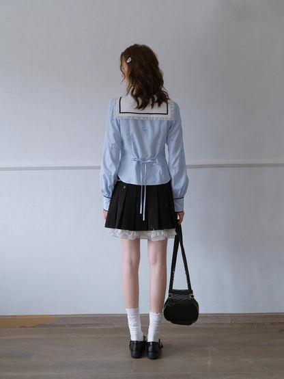 Lace Ribbon Sailor Stripe Blouse