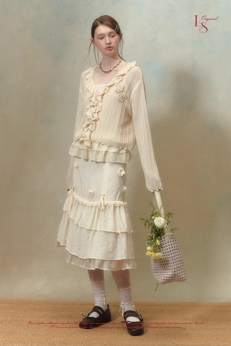 Frill bloom knit cardigan
