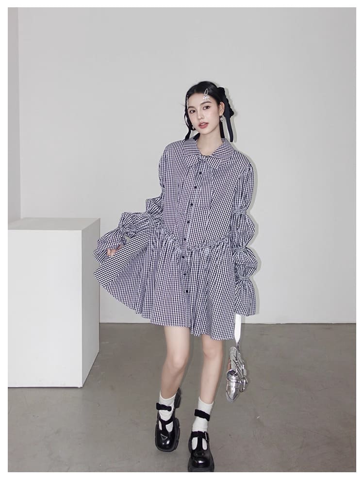 Ribbon Puff Gingham Dress