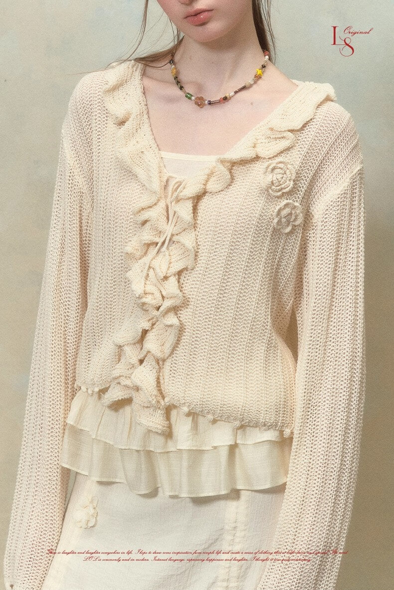 Frill bloom knit cardigan