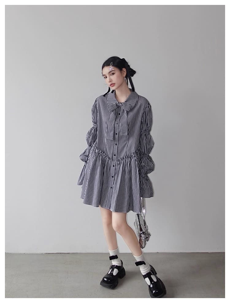 Ribbon Puff Gingham Dress