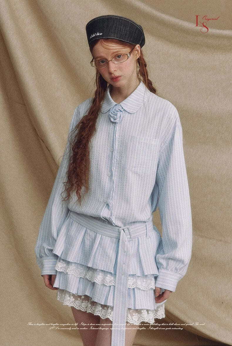 Stripe Lace Rose Shirt Dress