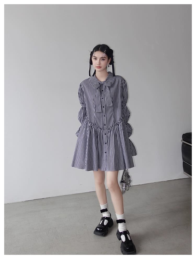 Ribbon Puff Gingham Dress