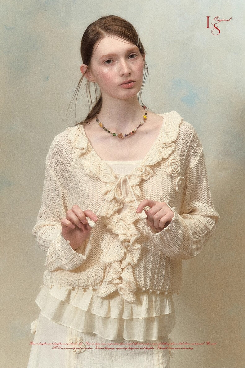 Frill bloom knit cardigan