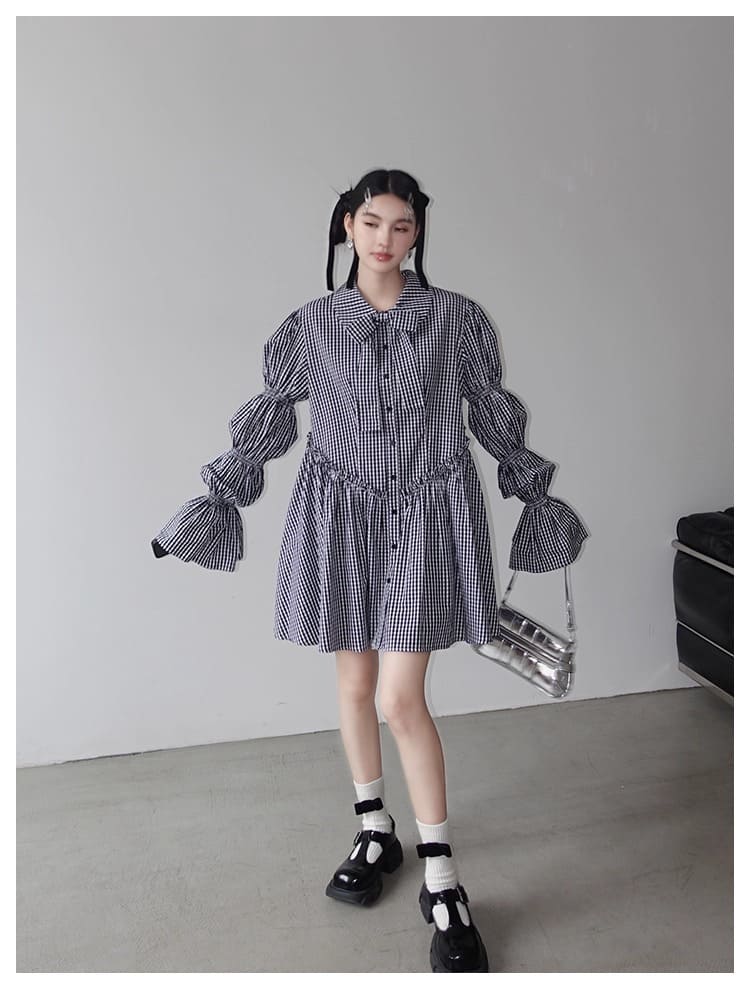 Ribbon Puff Gingham Dress